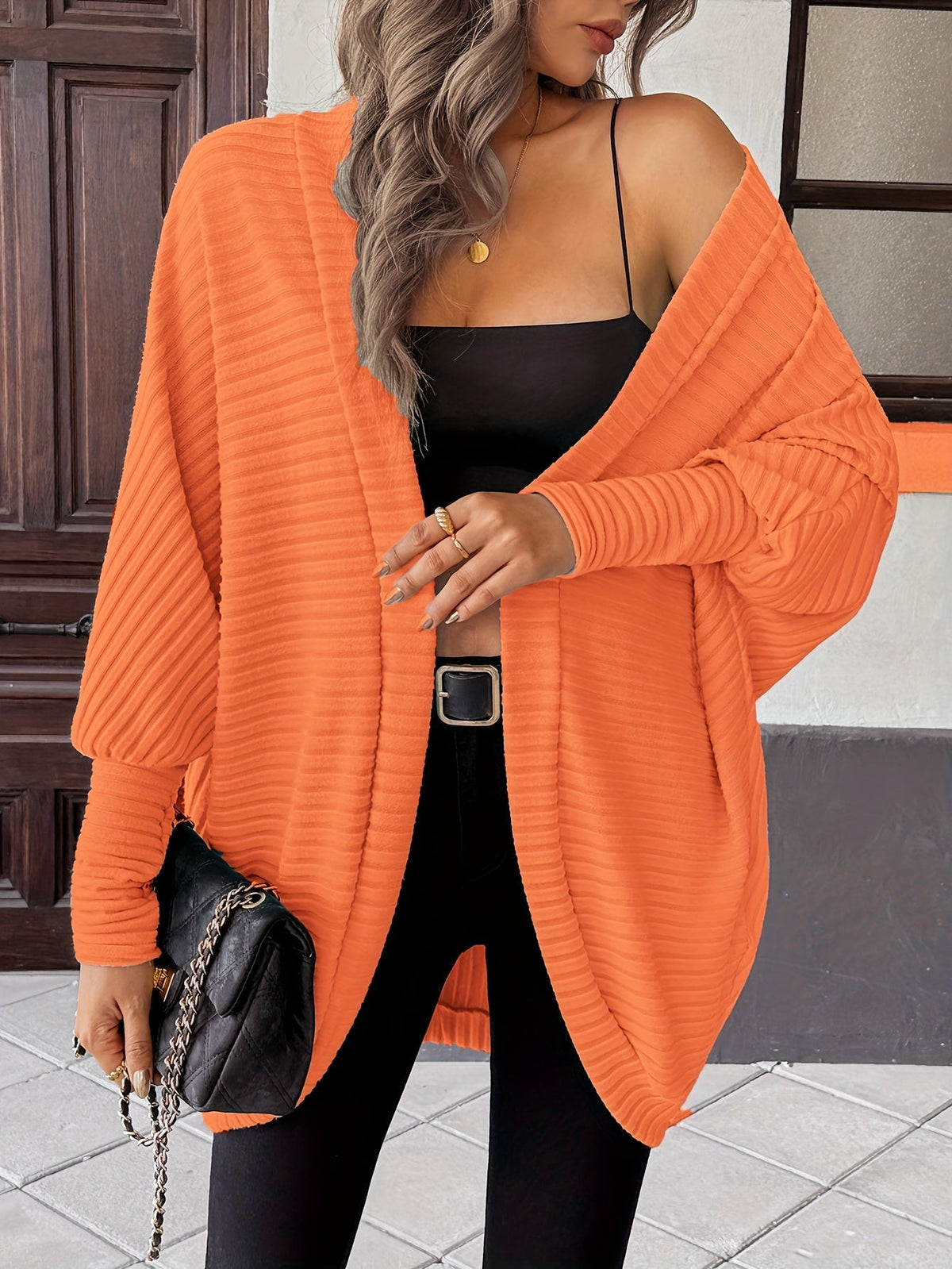 Women's Ribbed Draped Cardigan with Open Front