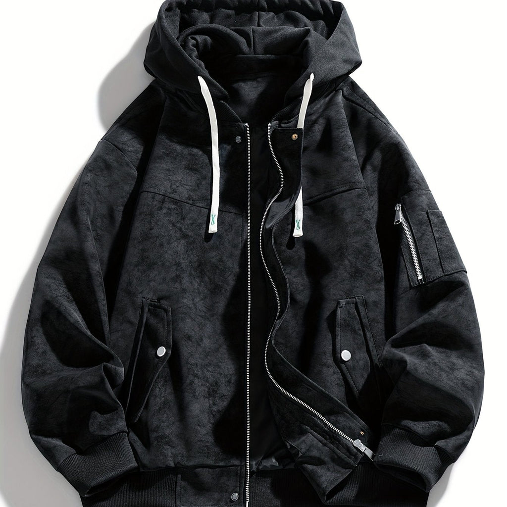 Men's Zip-Up Hooded Loose Fit Jacket with Sleeve Pocket