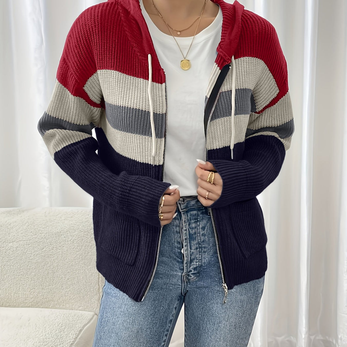 Women's Hooded Ribbed Knit Full-Zip Layering Cardigan