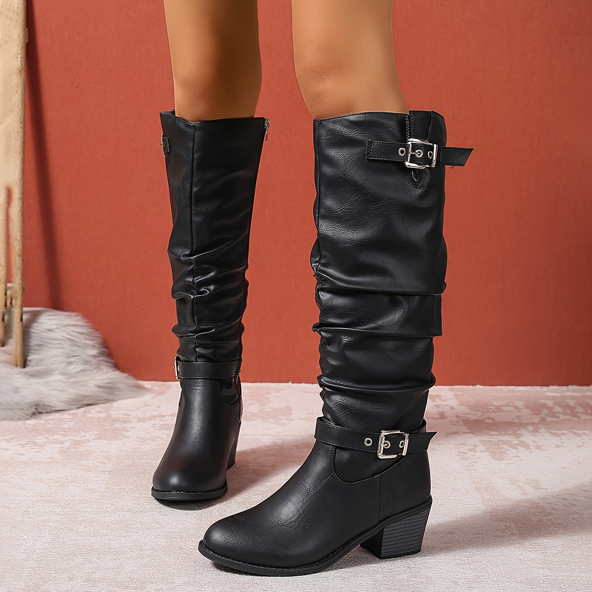 Women's Buckle Strap Tall Slouchy Boots with Block Heel