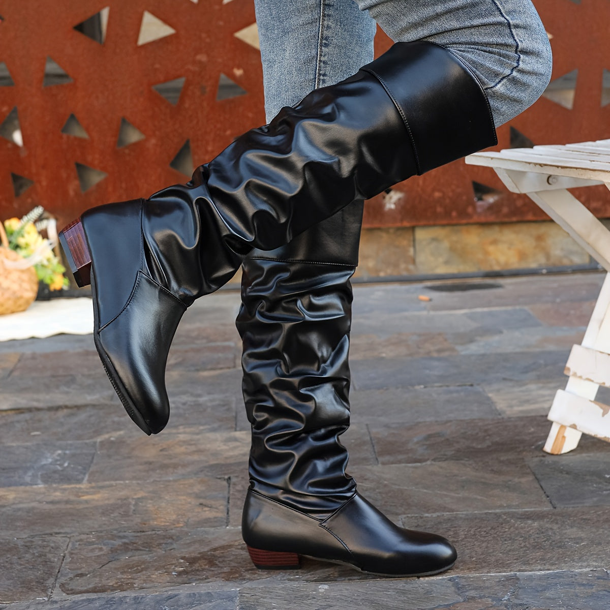 Women's Round Toe Low Heel Slouchy Tall Boots