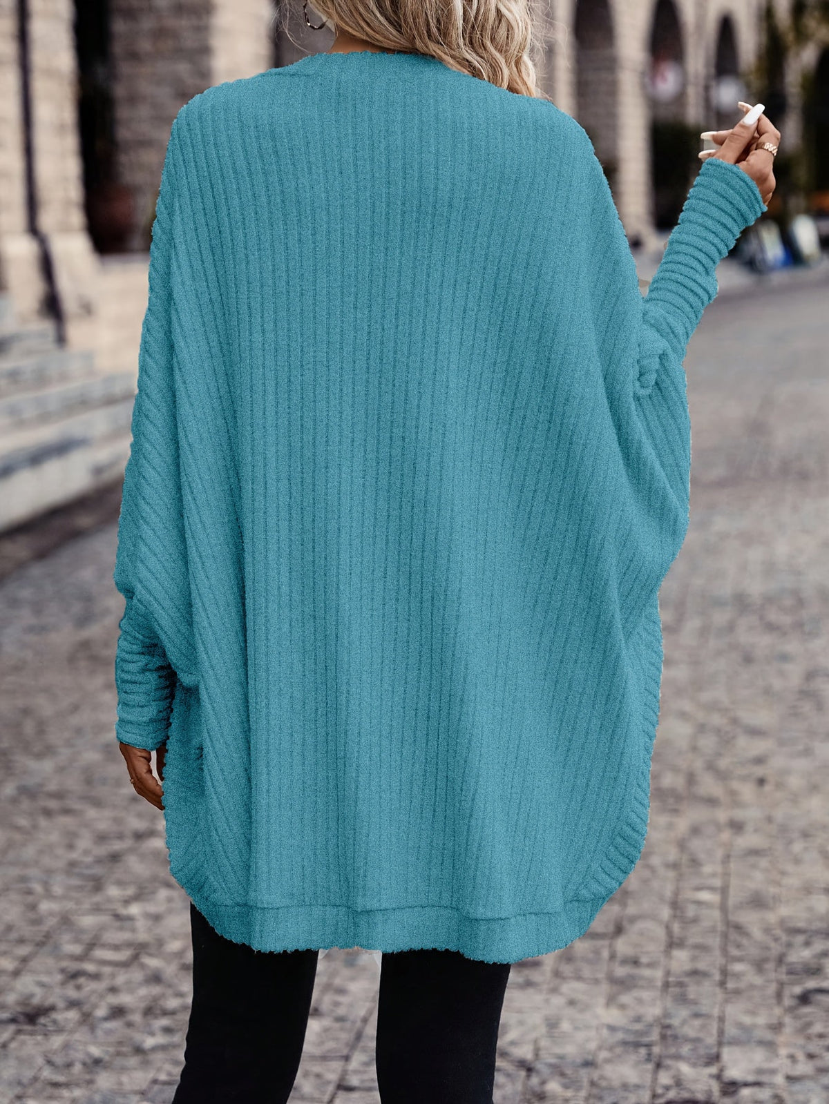 Women's Ribbed Draped Cardigan with Open Front