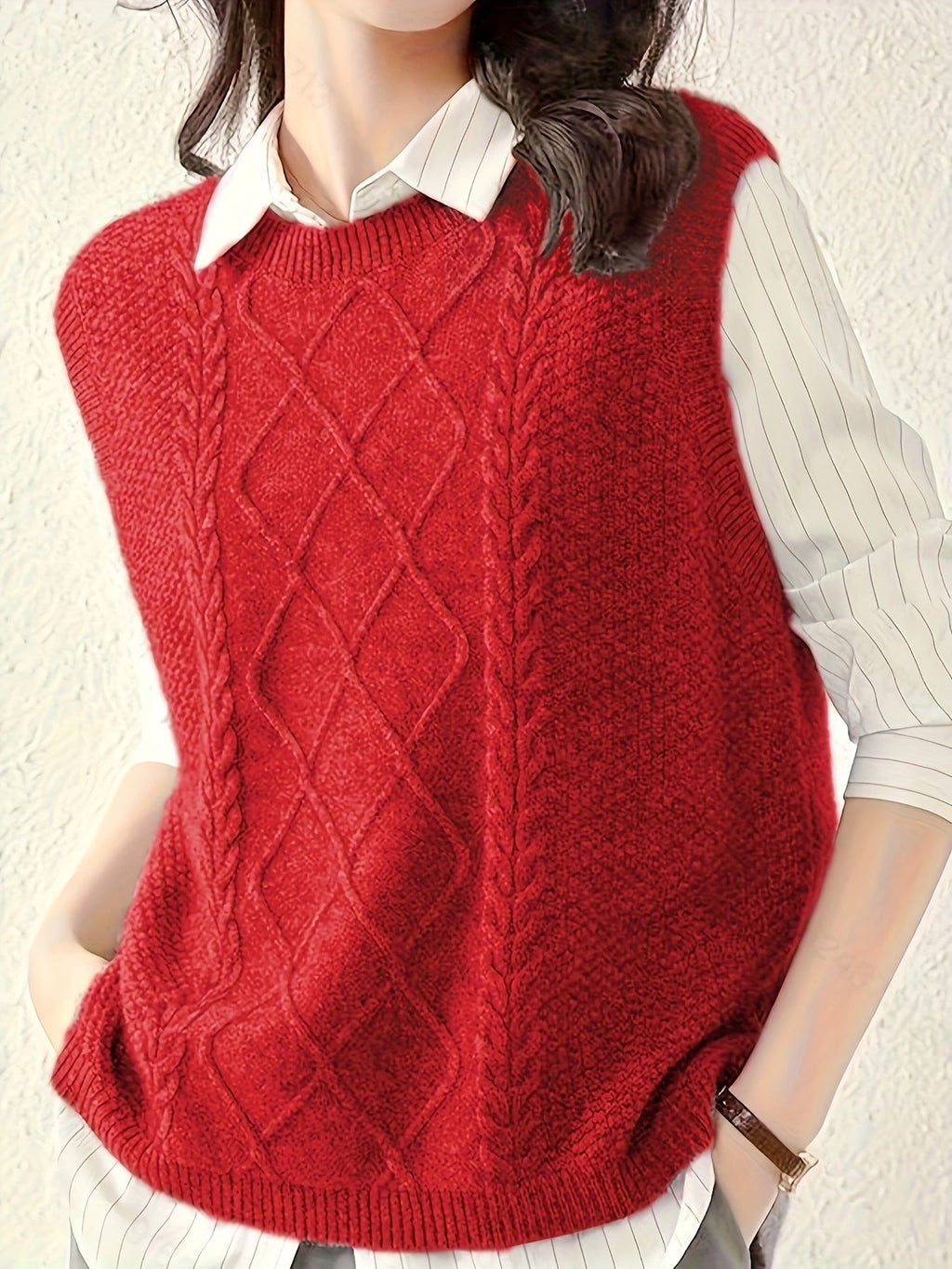 Women's Round Neck Cable Knit Sleeveless Layering Vest