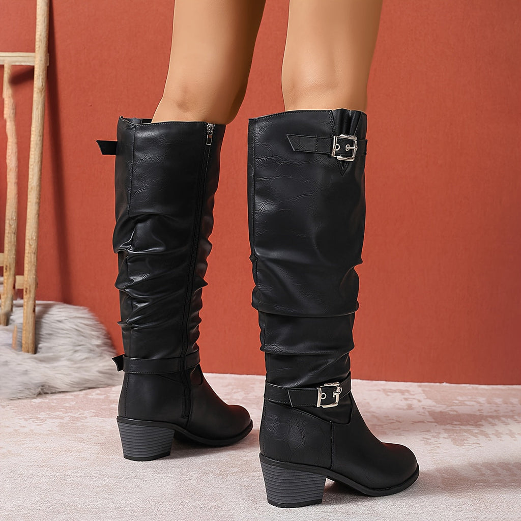 Women's Buckle Strap Tall Slouchy Boots with Block Heel