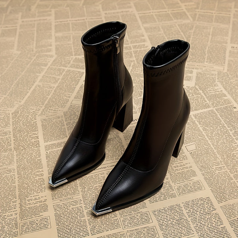 Women's Chunky Block Heel Pointed Toe Zip Booties
