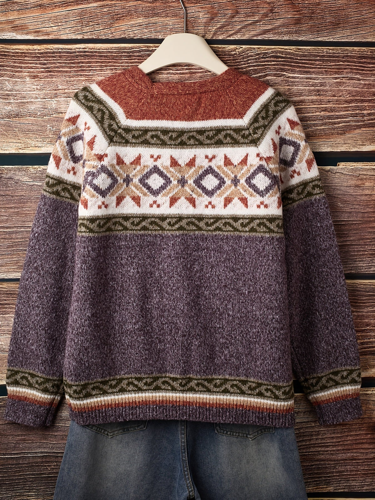 Women's Button-Up Cardigan with Patterned Geometric Yoke