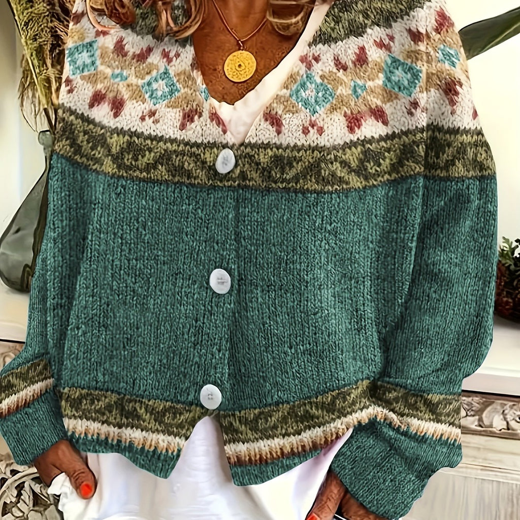 Women's Button-Up Cardigan with Patterned Geometric Yoke