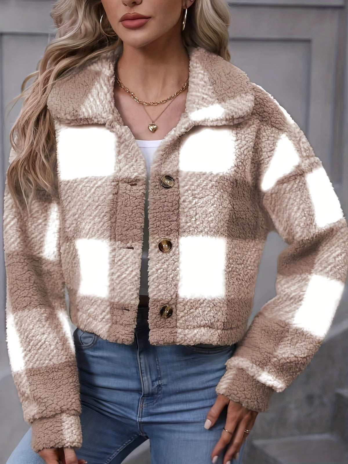 Women's Short Plaid Button-Up Coat