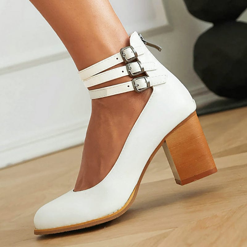 Women's Block Heel Booties with Three Buckle Straps