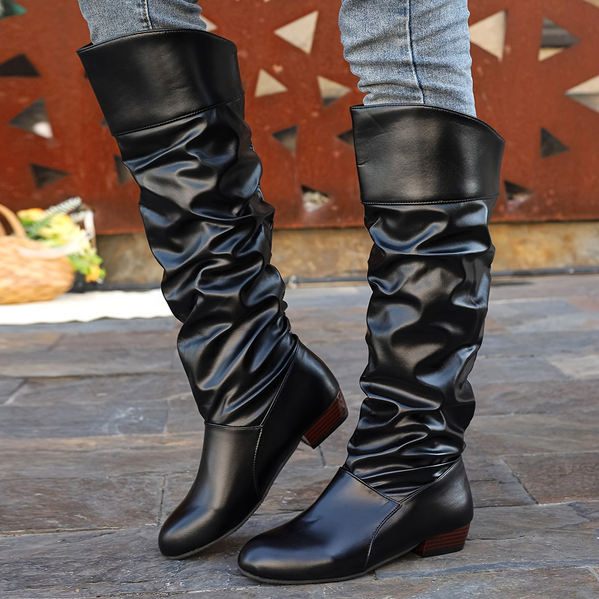 Women's Round Toe Low Heel Slouchy Tall Boots
