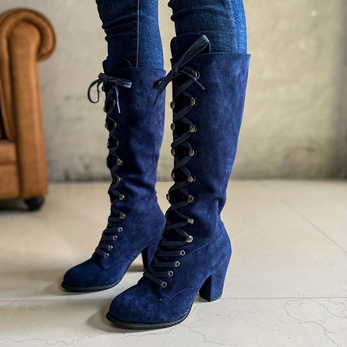 Women's Tall Boots with Front Lacing and Chunky Heel