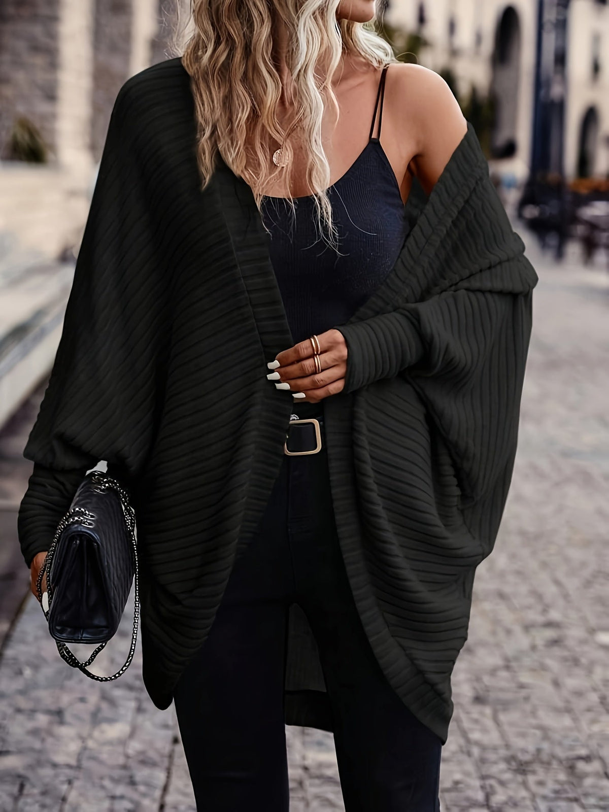 Women's Ribbed Draped Cardigan with Open Front