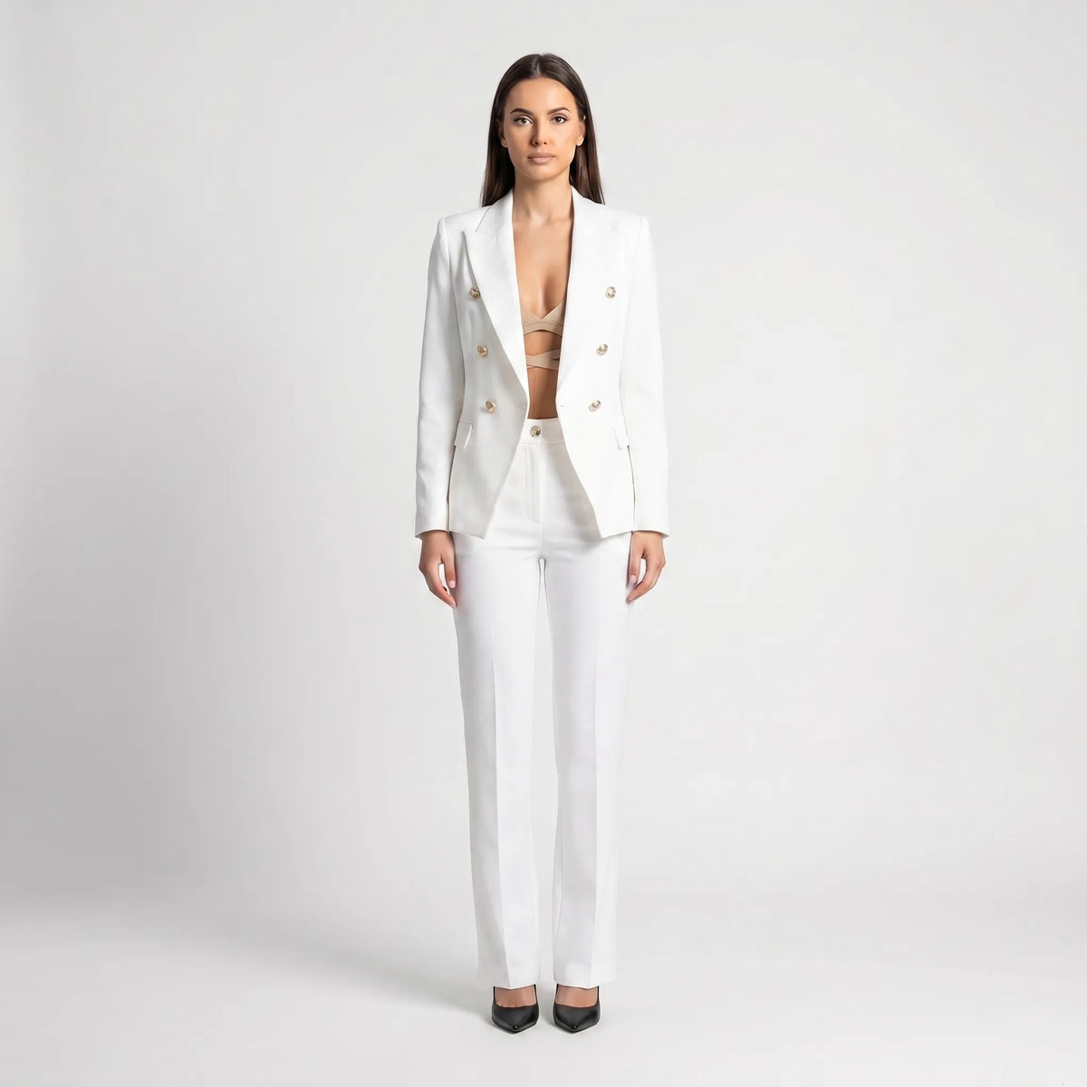 Women's Double Breasted Blazer Tailored Pants Suit Set