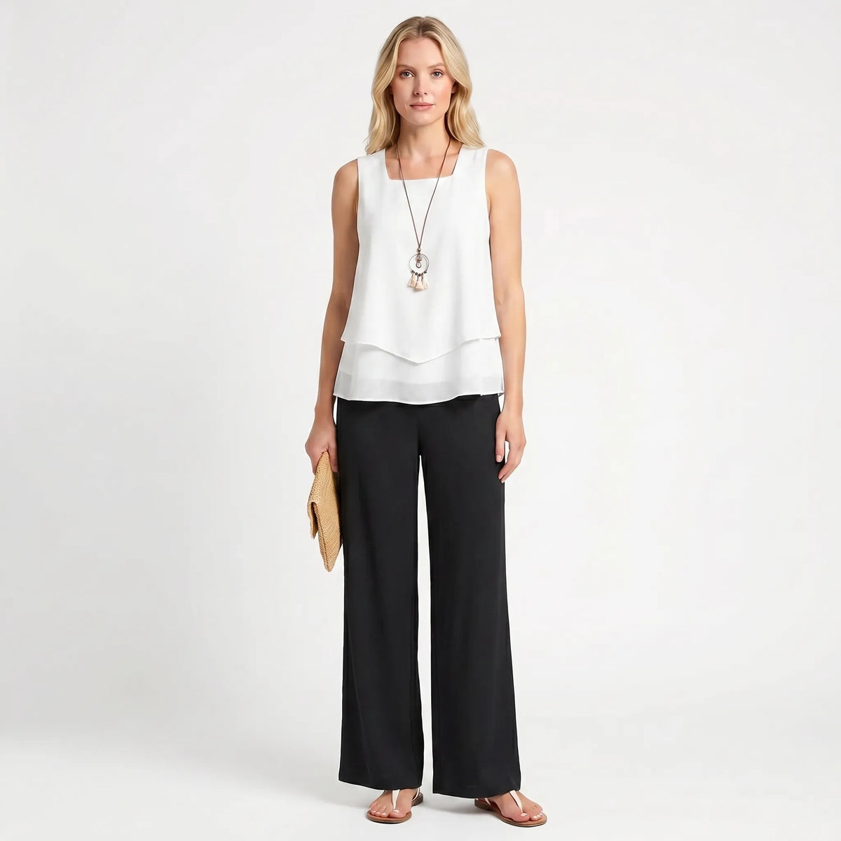 Women's Layered Sleeveless Top Printed Wide Leg Pants Set