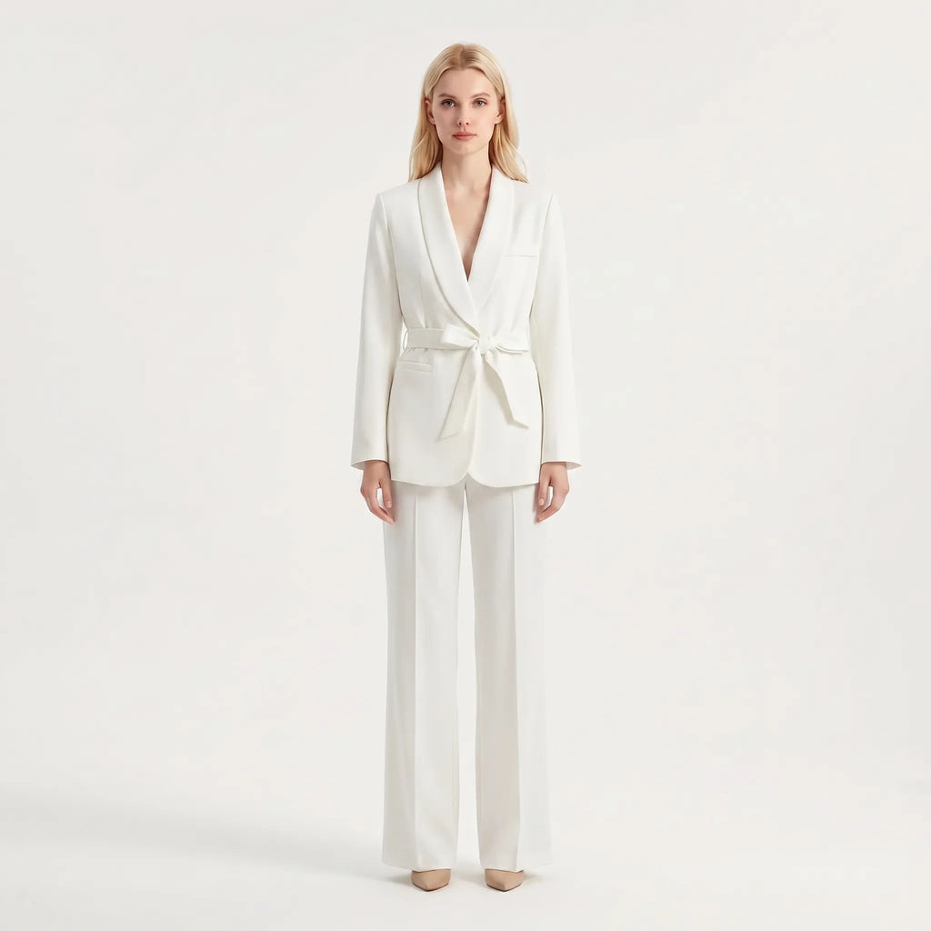 Women's Shawl Lapel Belted Blazer Wide Leg Pantsuit
