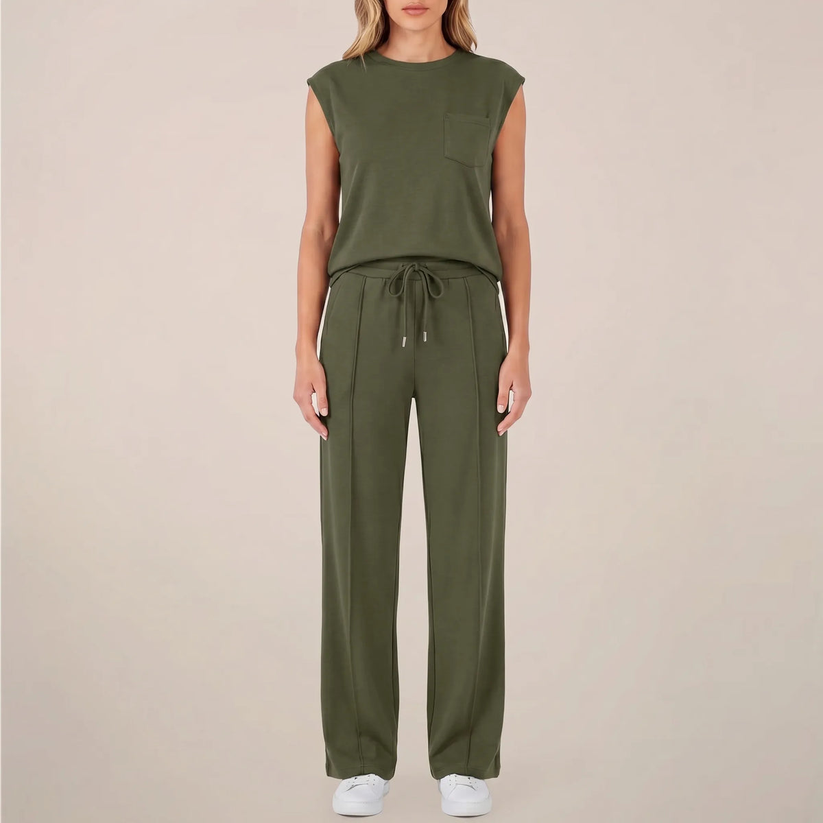 Women's Cap Sleeve Crew Neck Drawstring Pants Set