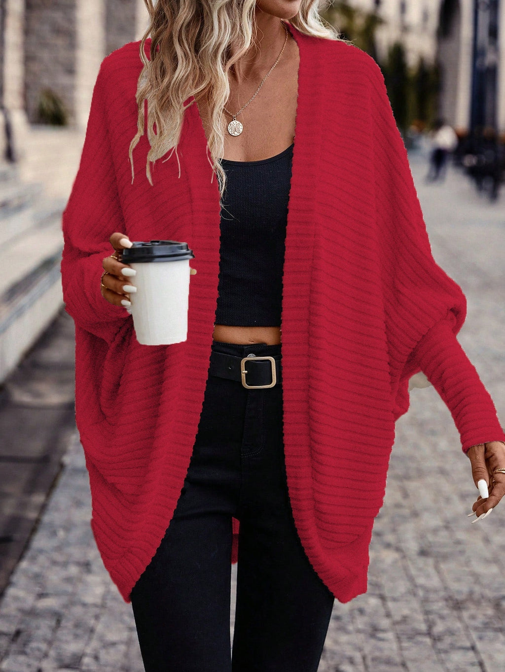Women's Ribbed Draped Cardigan with Open Front