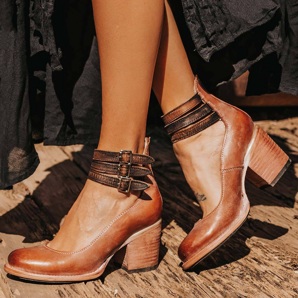Women's Ankle Strap Block Heel Leather-Look Boots