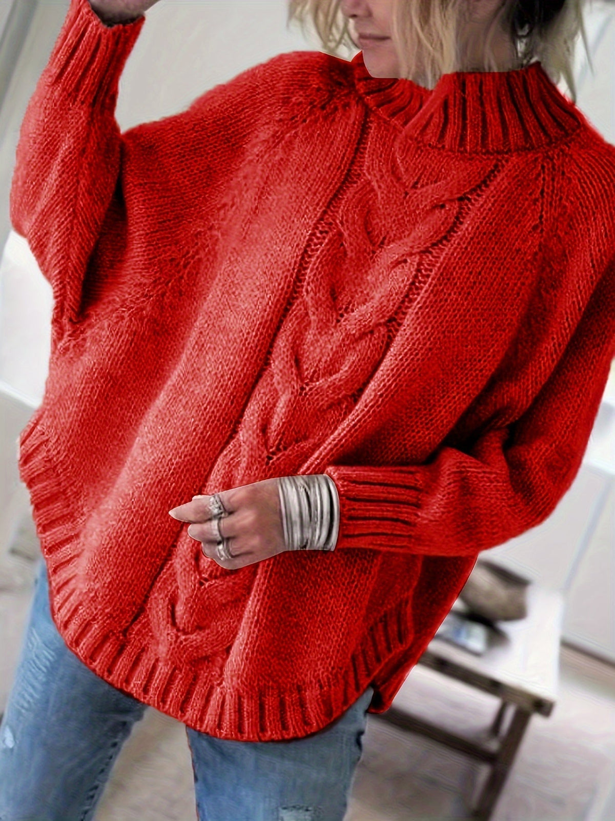 Women's Loose Fit High Neck Cable Knit Pullover
