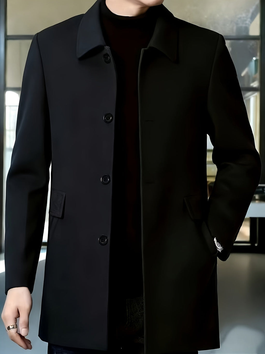 Men's Single-Breasted Refined Topcoat with Side Pockets