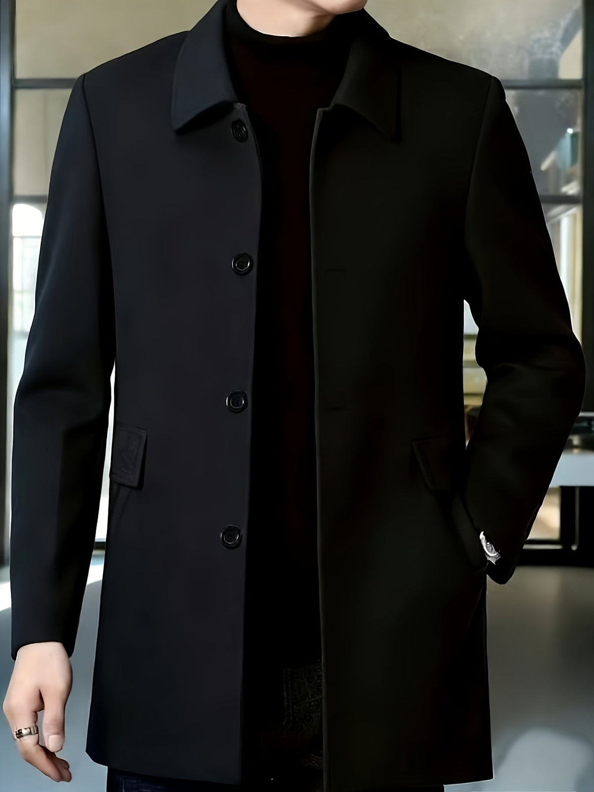 Men's Single-Breasted Refined Topcoat with Side Pockets