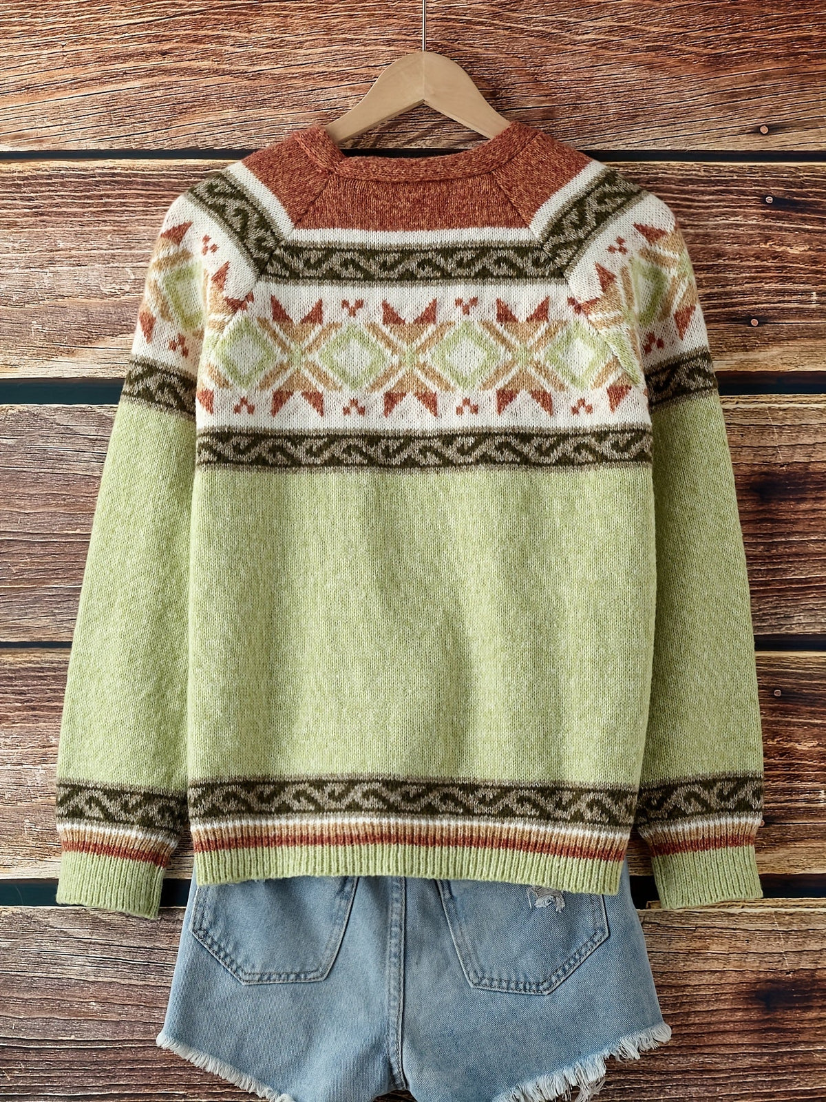 Women's Button-Up Cardigan with Patterned Geometric Yoke