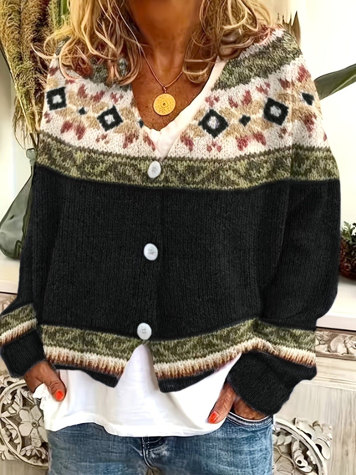 Women's Button-Up Cardigan with Patterned Geometric Yoke