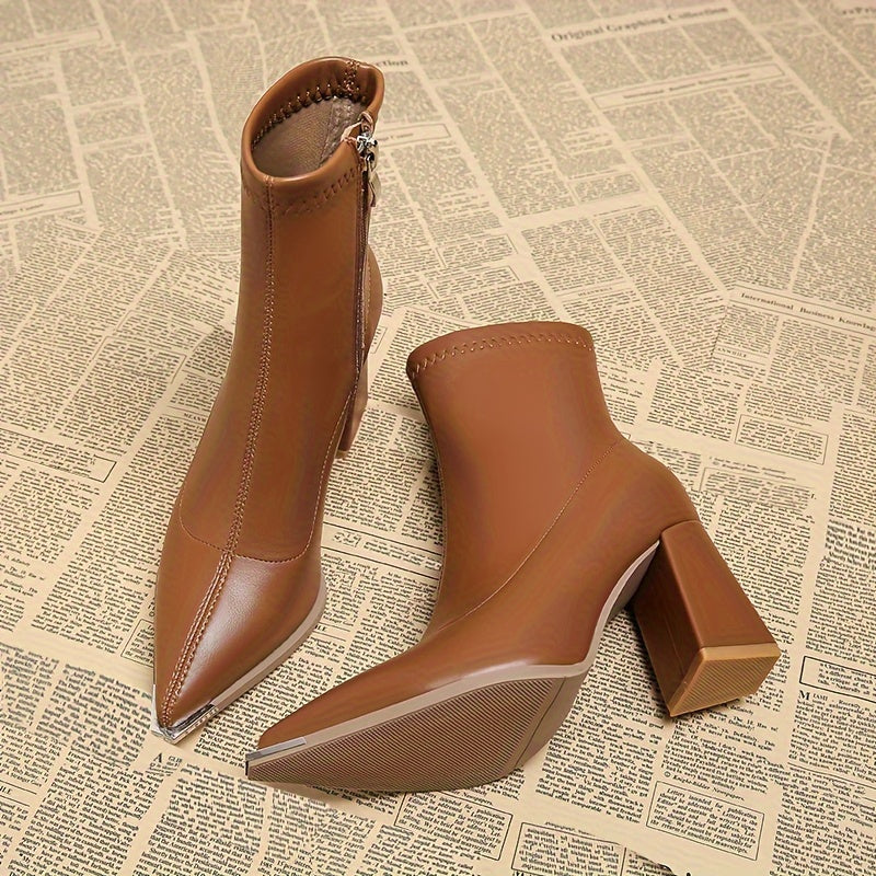 Women's Chunky Block Heel Pointed Toe Zip Booties