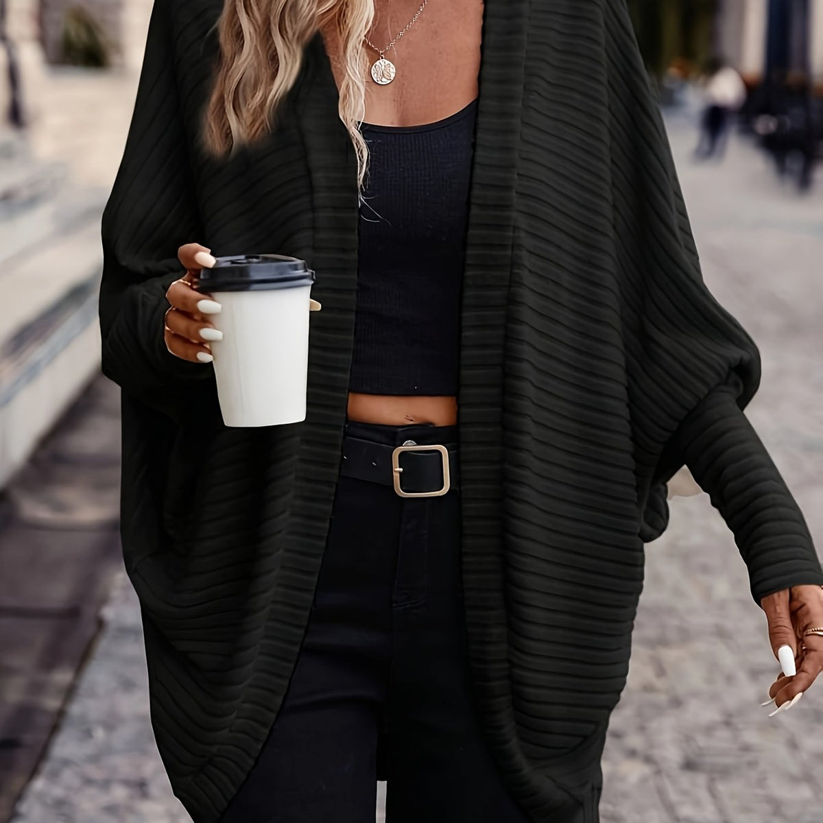 Women's Ribbed Draped Cardigan with Open Front