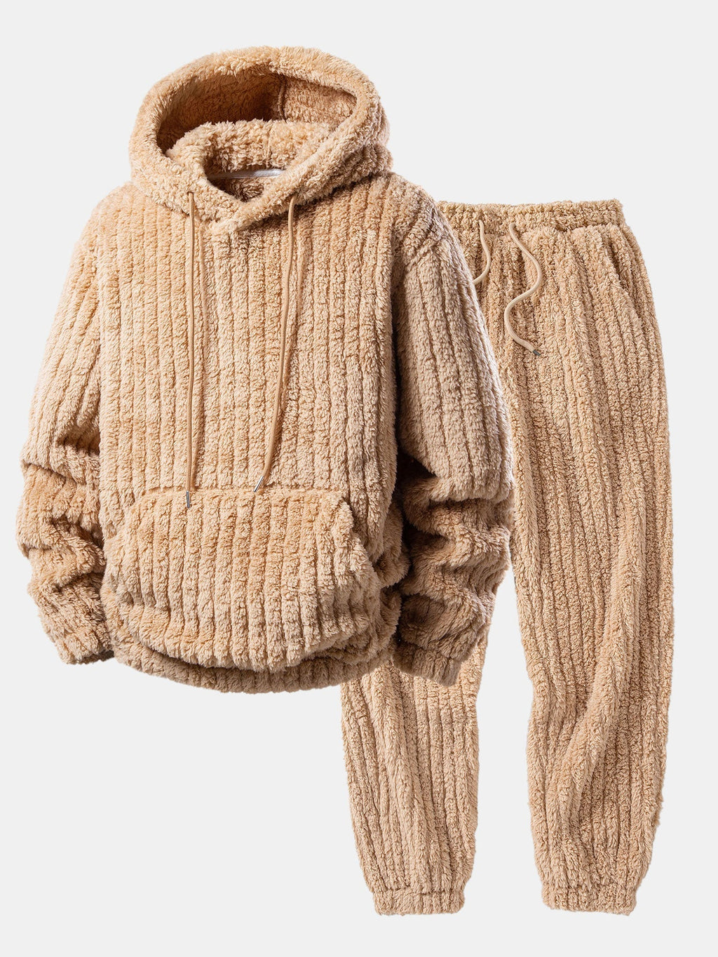 Men's Ribbed Teddy Texture Hooded Sweatshirt and Jogger Sweatsuit