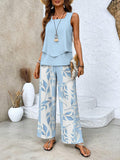 Women's Leaf Print Layered Sleeve Wide Leg Pants Set