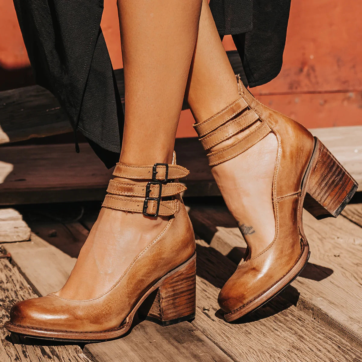 Women's Ankle Strap Block Heel Leather-Look Boots