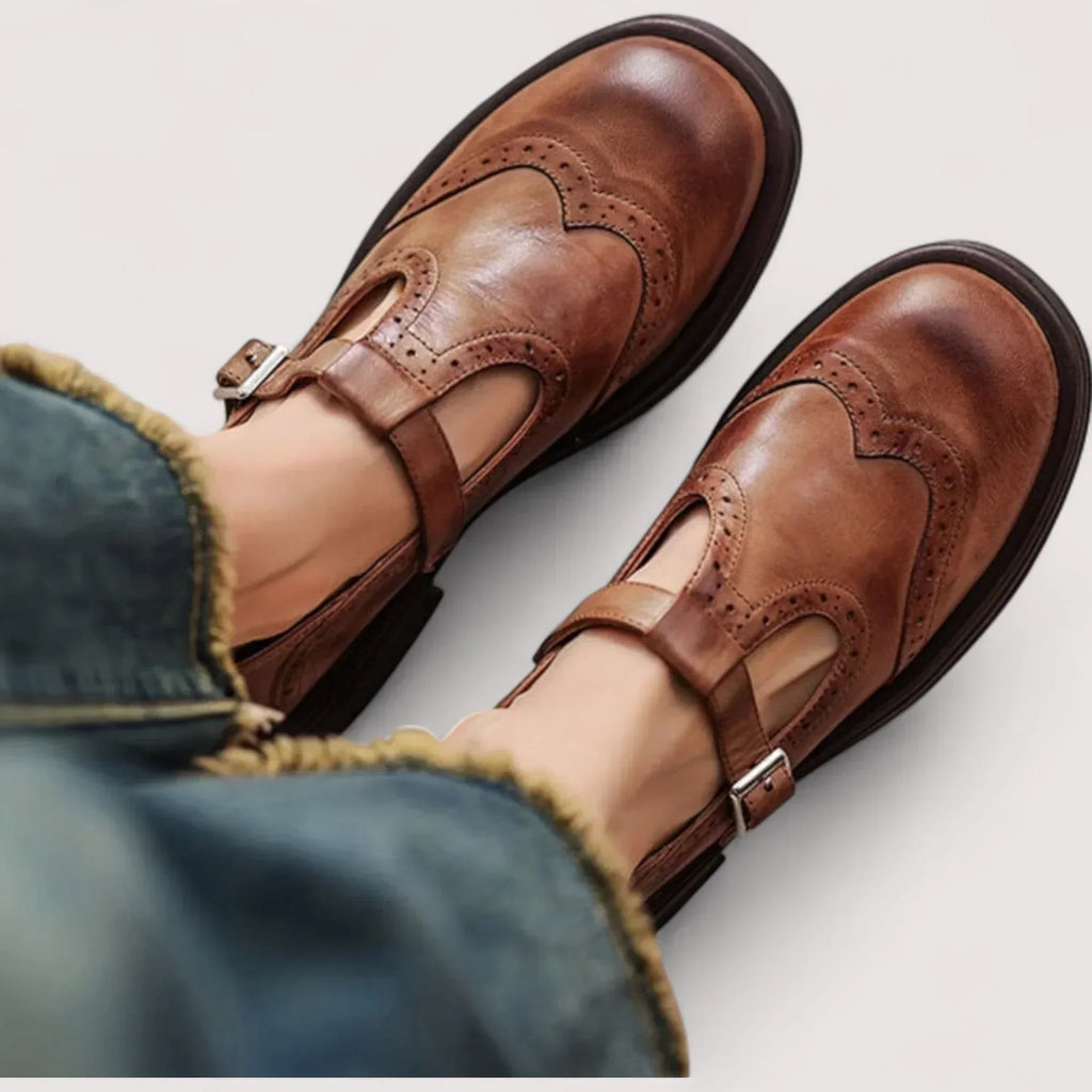 Women's Brogue Detail Adjustable Buckle T-Bar Shoes