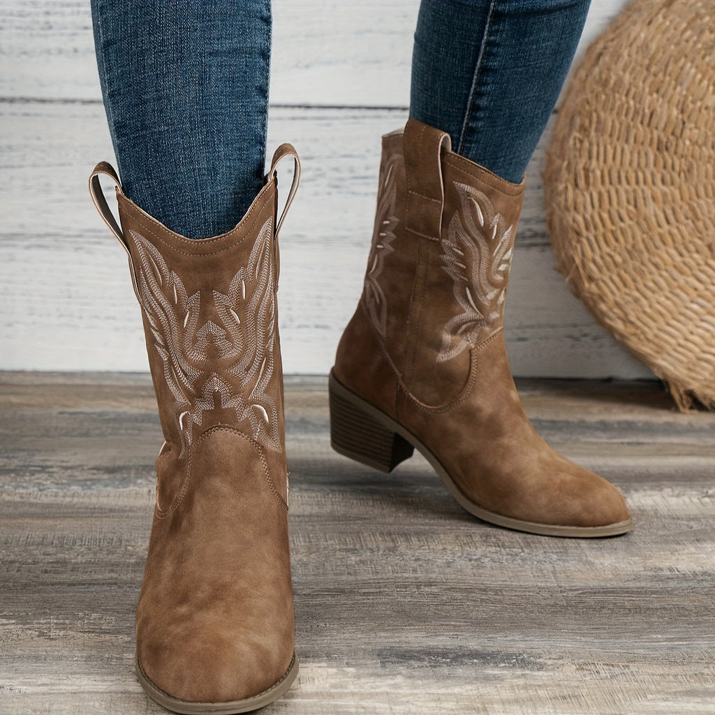 Women's Embroidered Mid-Calf Western Boots with Roomy Shaft