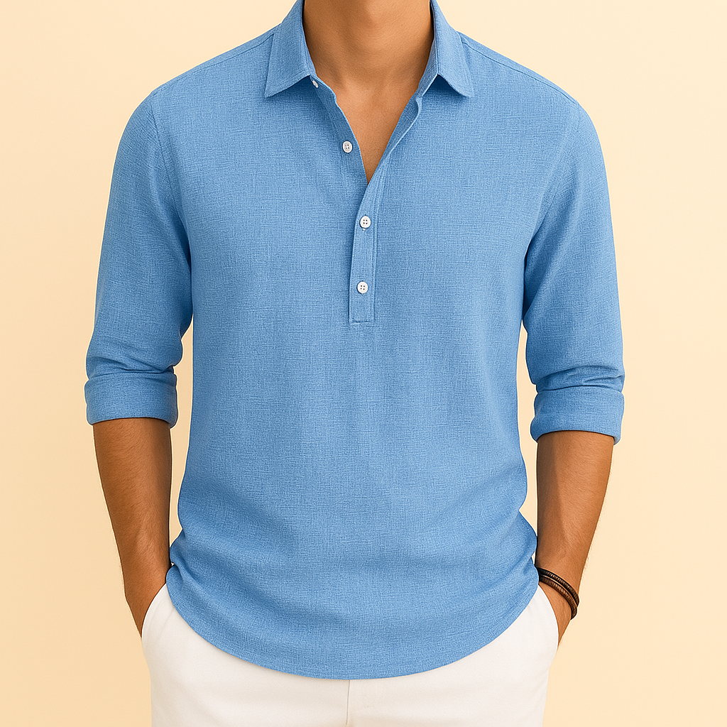 Men's Soft Textured Long Sleeved Button-Neck Polo