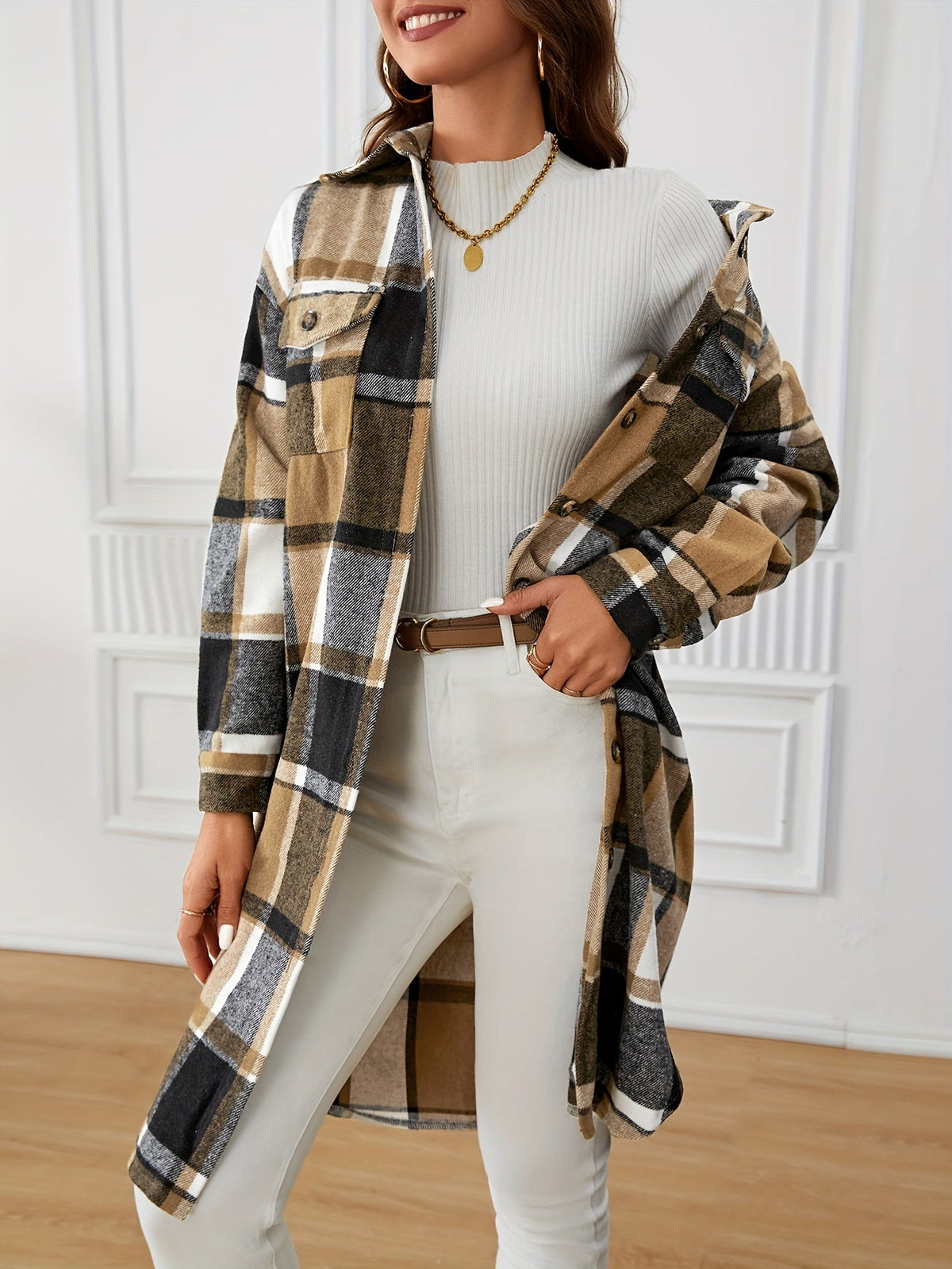 Women's Plaid Long Button-Up Coat with Chest Pockets