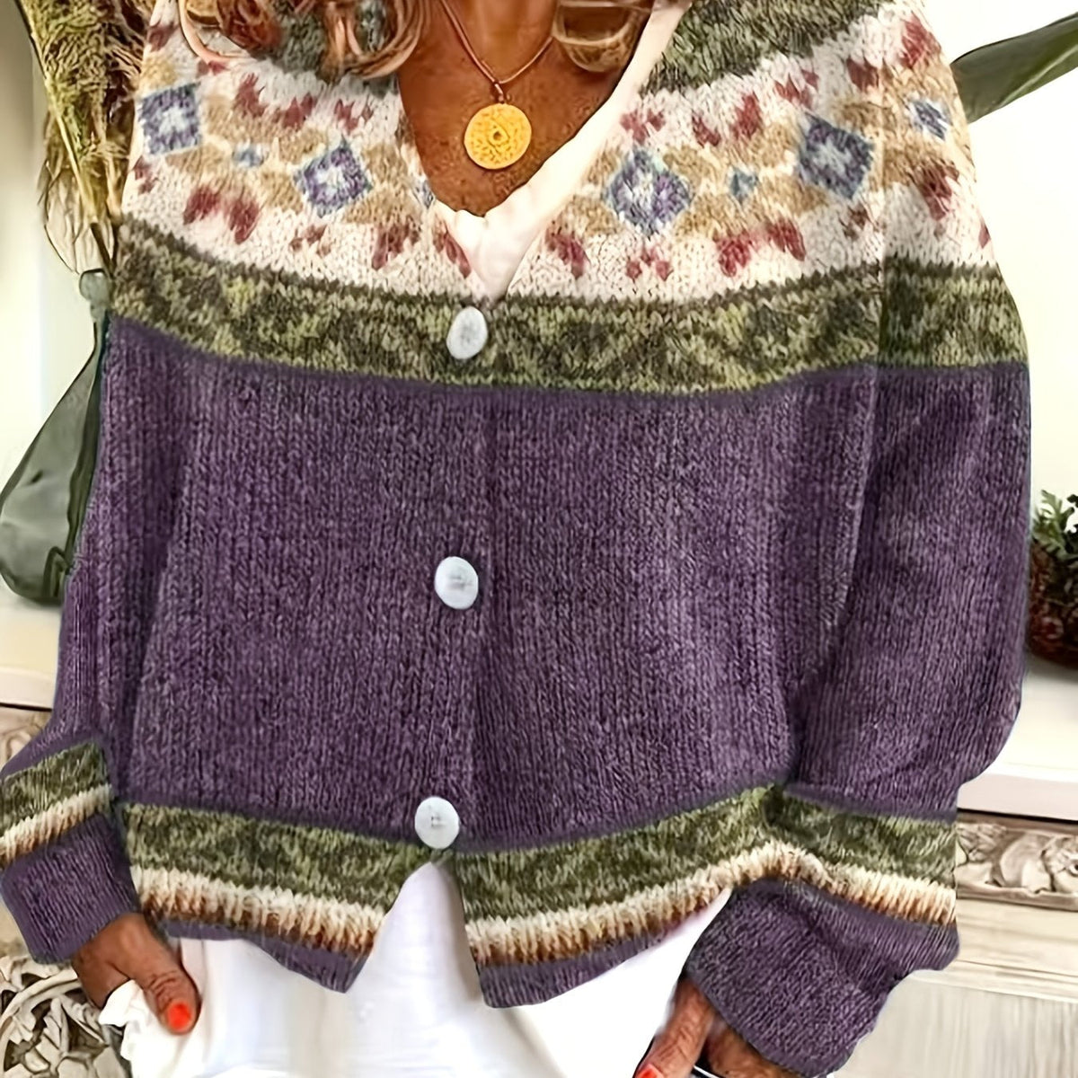 Women's Button-Up Cardigan with Patterned Geometric Yoke