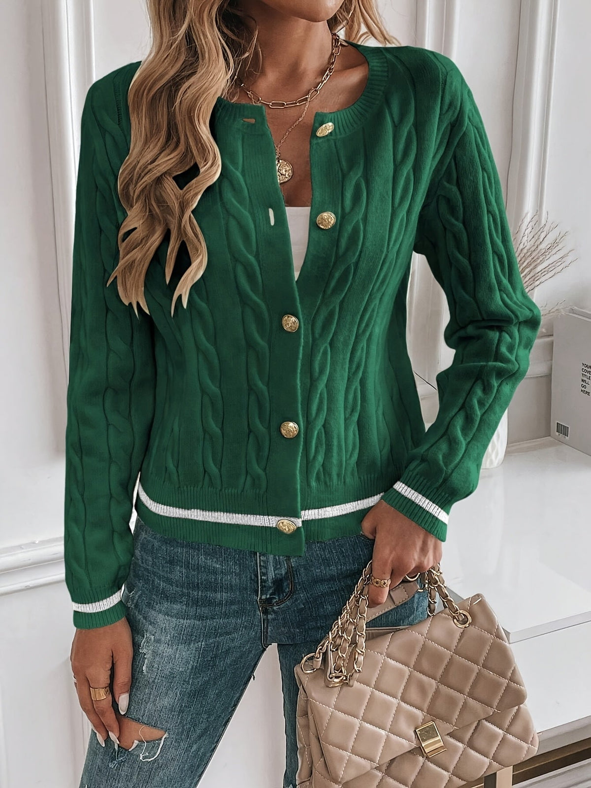 Women's Cable Knit Button-Up Cardigan with Polished Buttons