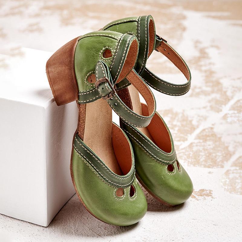 Women's Leather Ankle Strap Mary Jane Flats with Panel Detail