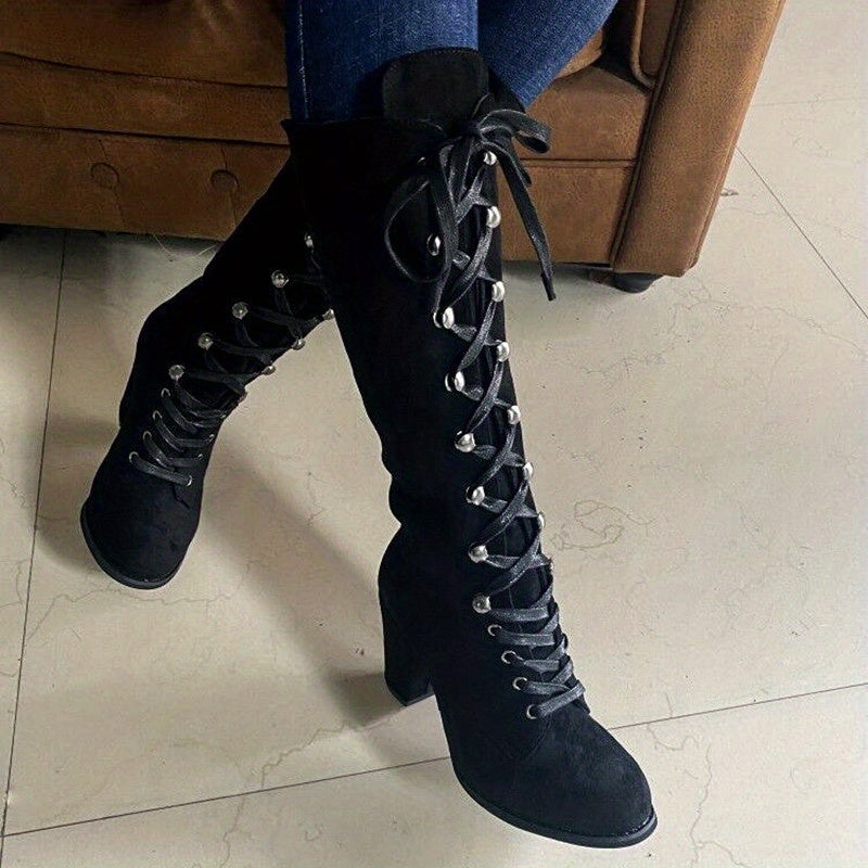 Women's Tall Boots with Front Lacing and Chunky Heel