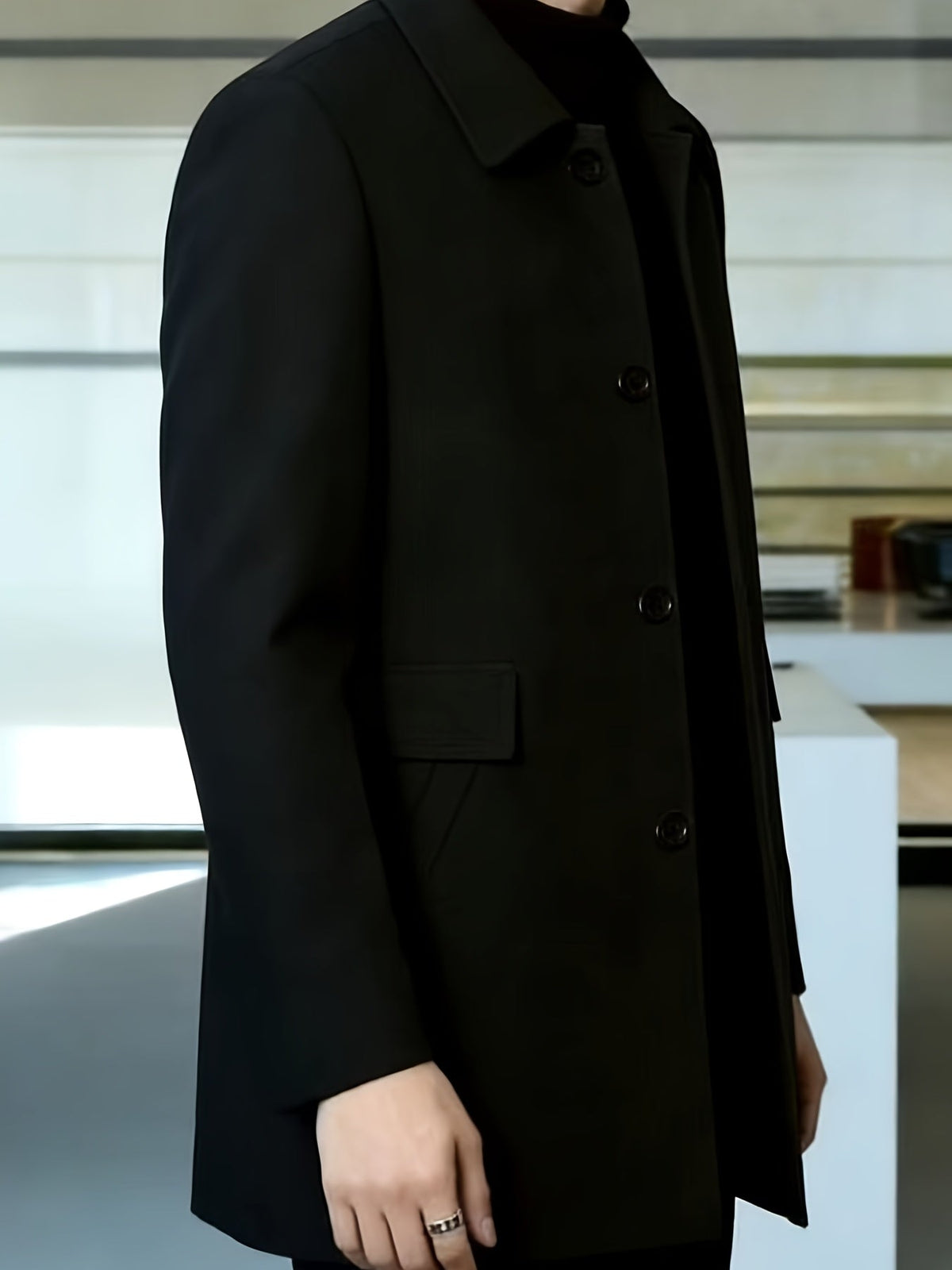 Men's Single-Breasted Refined Topcoat with Side Pockets