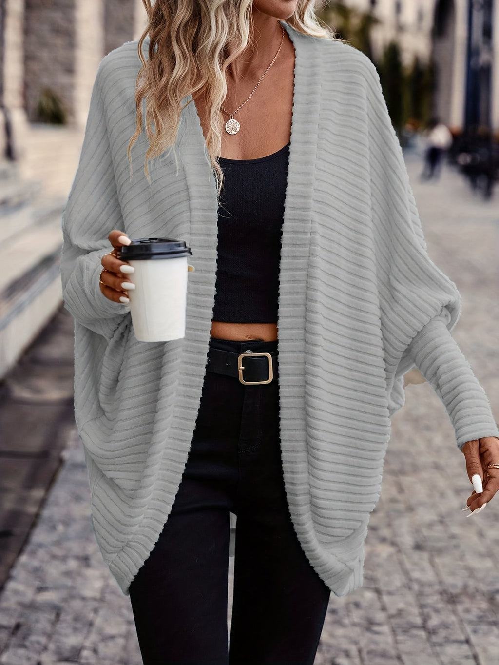 Women's Ribbed Draped Cardigan with Open Front