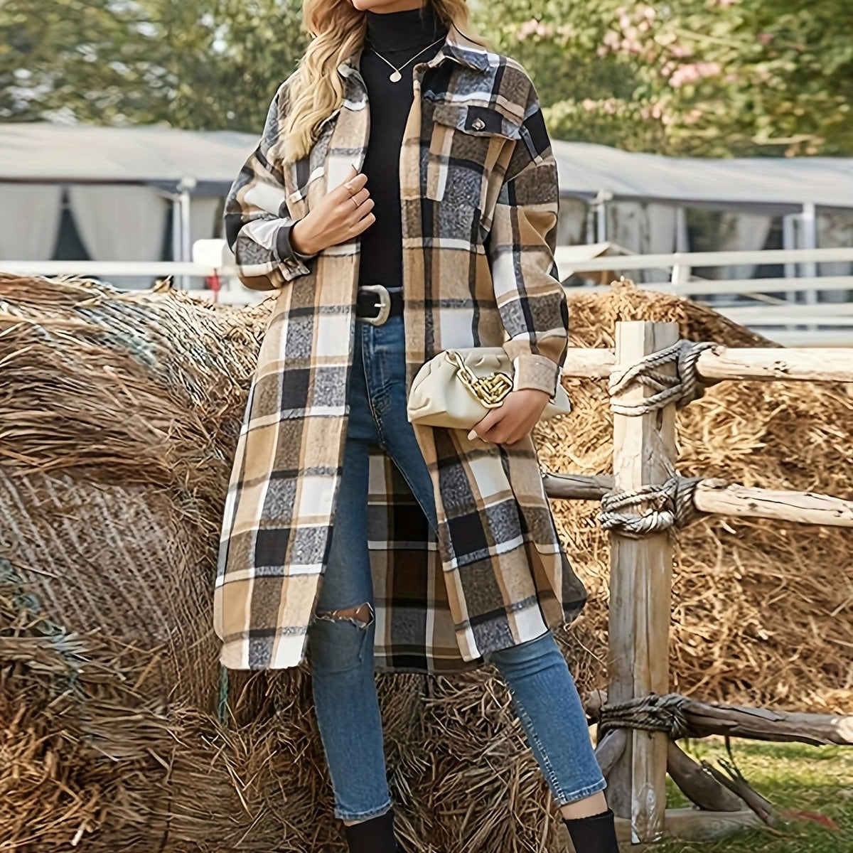 Women's Plaid Long Button-Up Coat with Chest Pockets