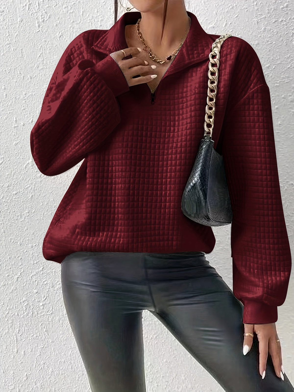 Women's Stand-Neck Textured Knit Sweater with Half Zip