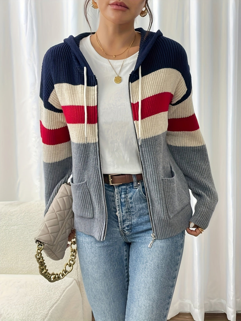 Women's Hooded Ribbed Knit Full-Zip Layering Cardigan