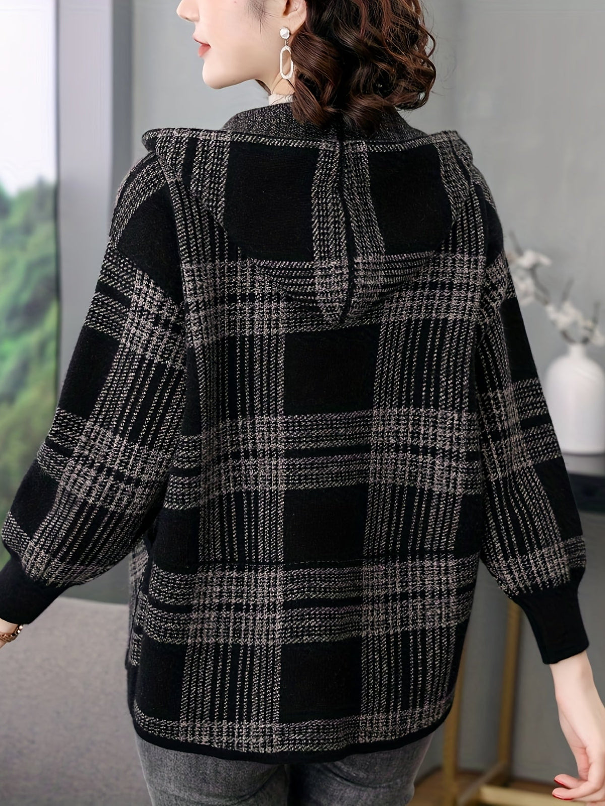 Women's Hooded Zip-Up Checked Loose Fit Coat