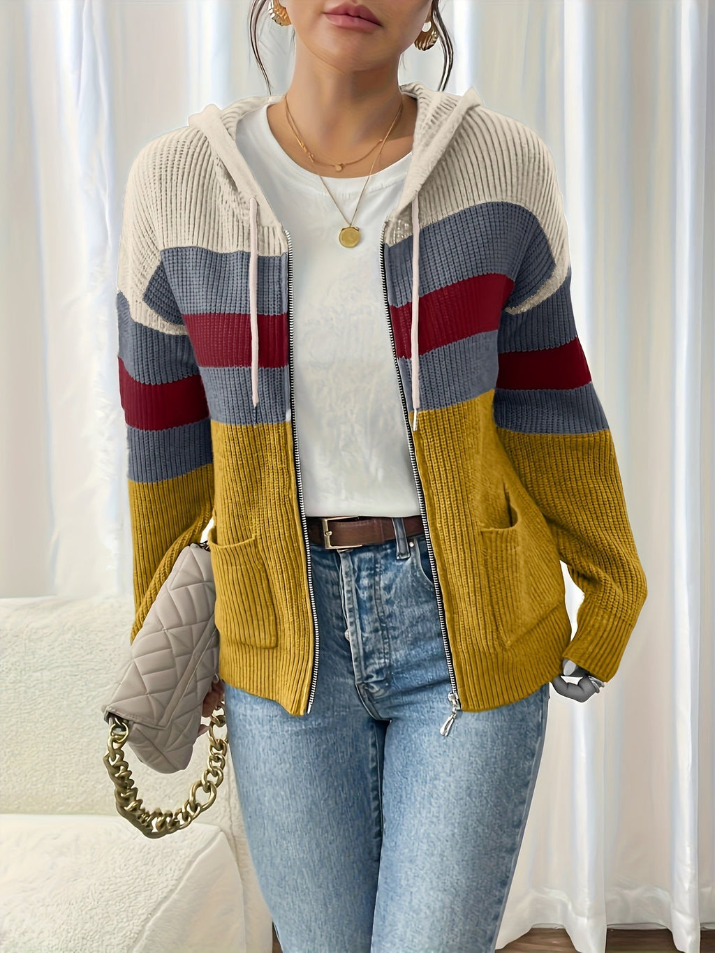 Women's Hooded Ribbed Knit Full-Zip Layering Cardigan