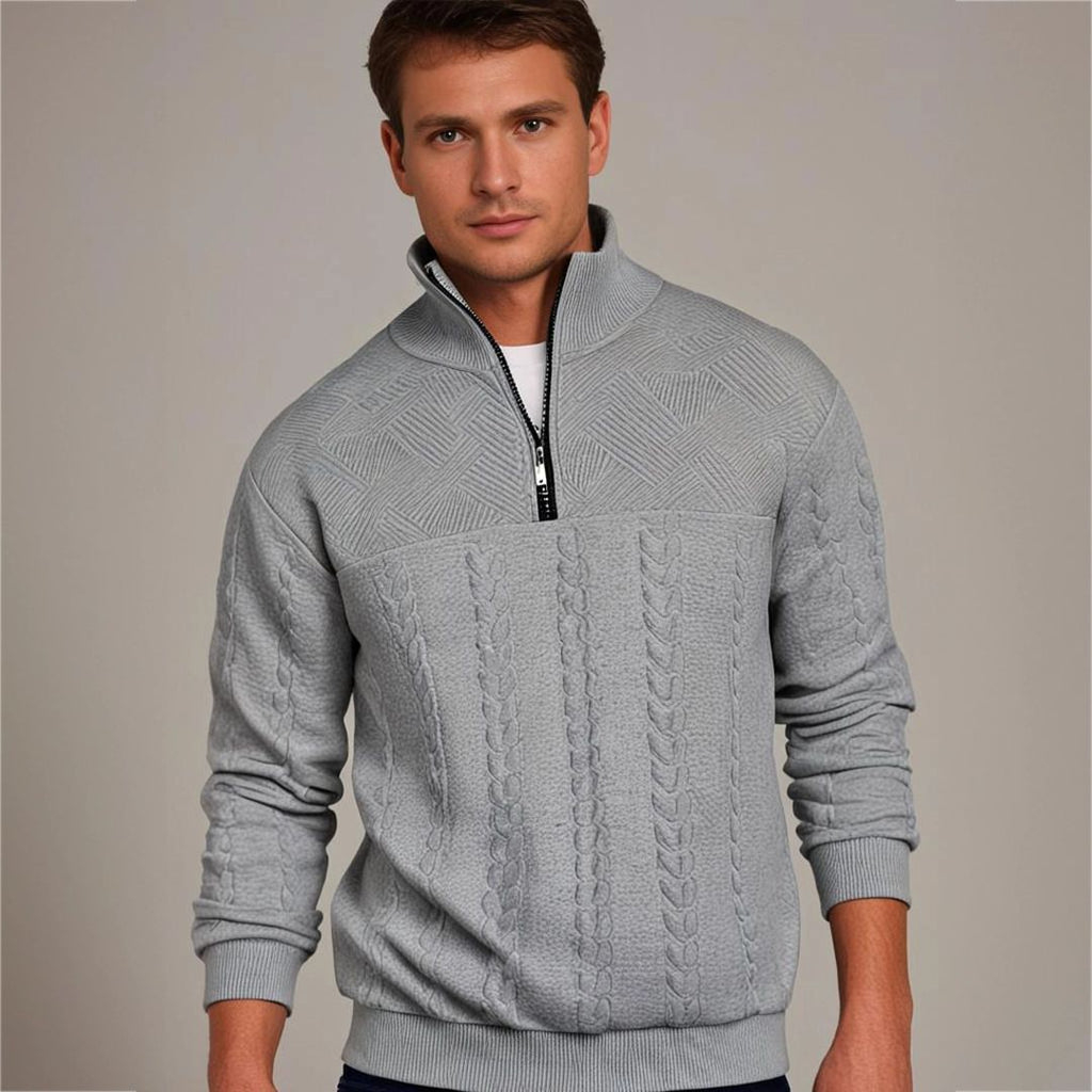 Men's Adjustable Half-Zip Cable Knit Pullover with Textured Yoke