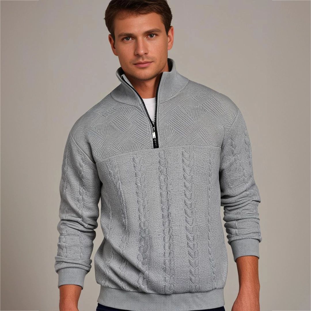 Men's Adjustable Half-Zip Cable Knit Pullover with Textured Yoke