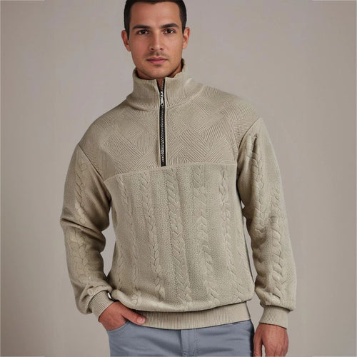 Men's Adjustable Half-Zip Cable Knit Pullover with Textured Yoke